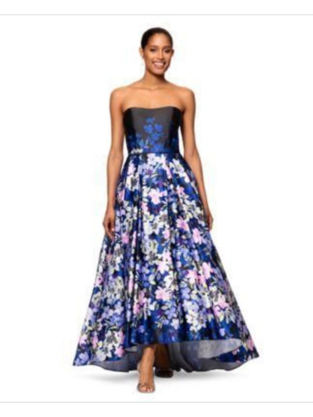 NWT Betsy & Adam Strapless Floral A Line Dress Blue Black Size 4